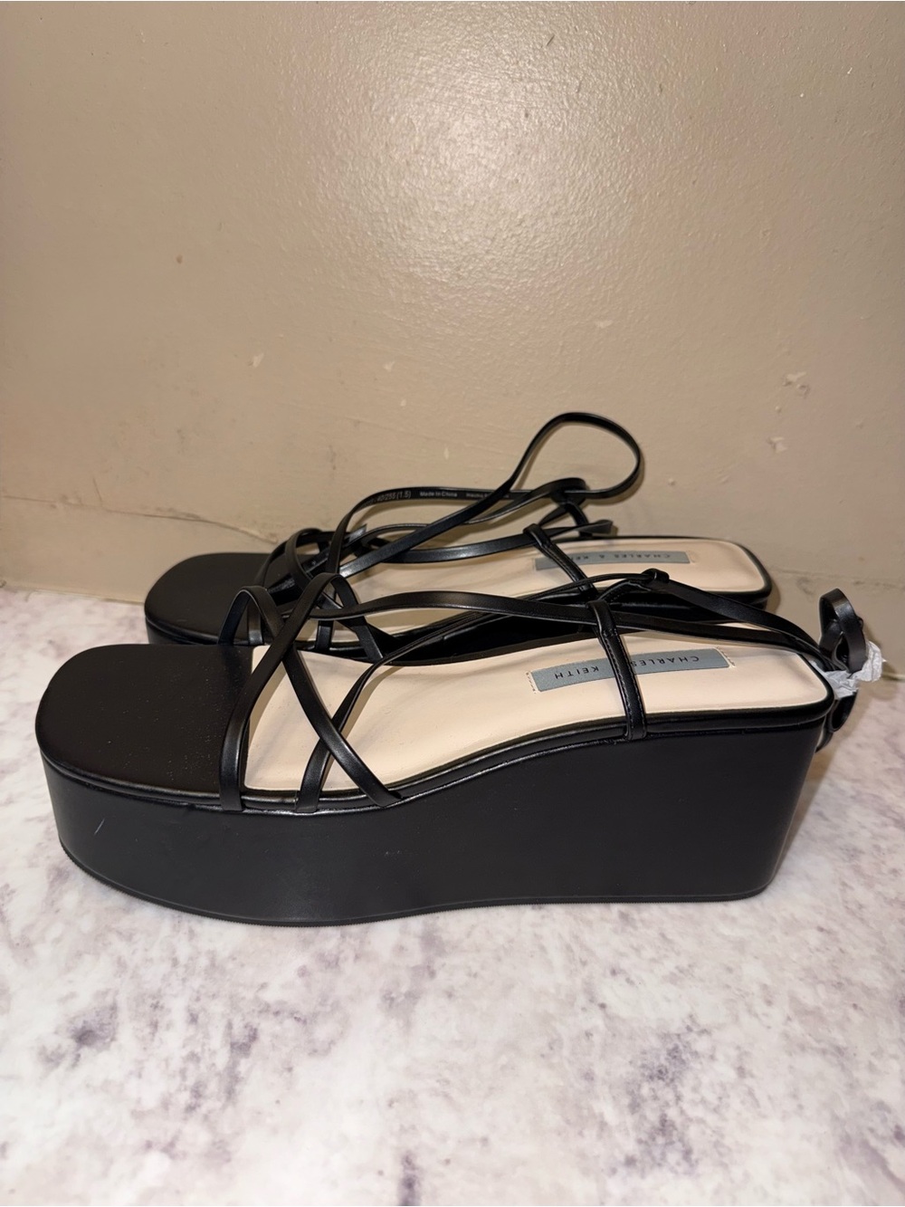 Charles & Keith Black Strappy Platform Sandals with Ankle Wrap